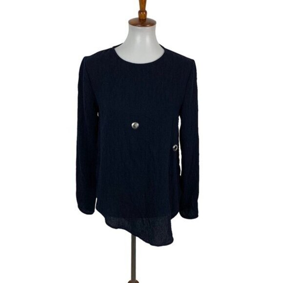 Zara Basic Collection Navy Asymmetrical Long Sleeve Blouse Grommet Detail XS - Picture 1 of 6